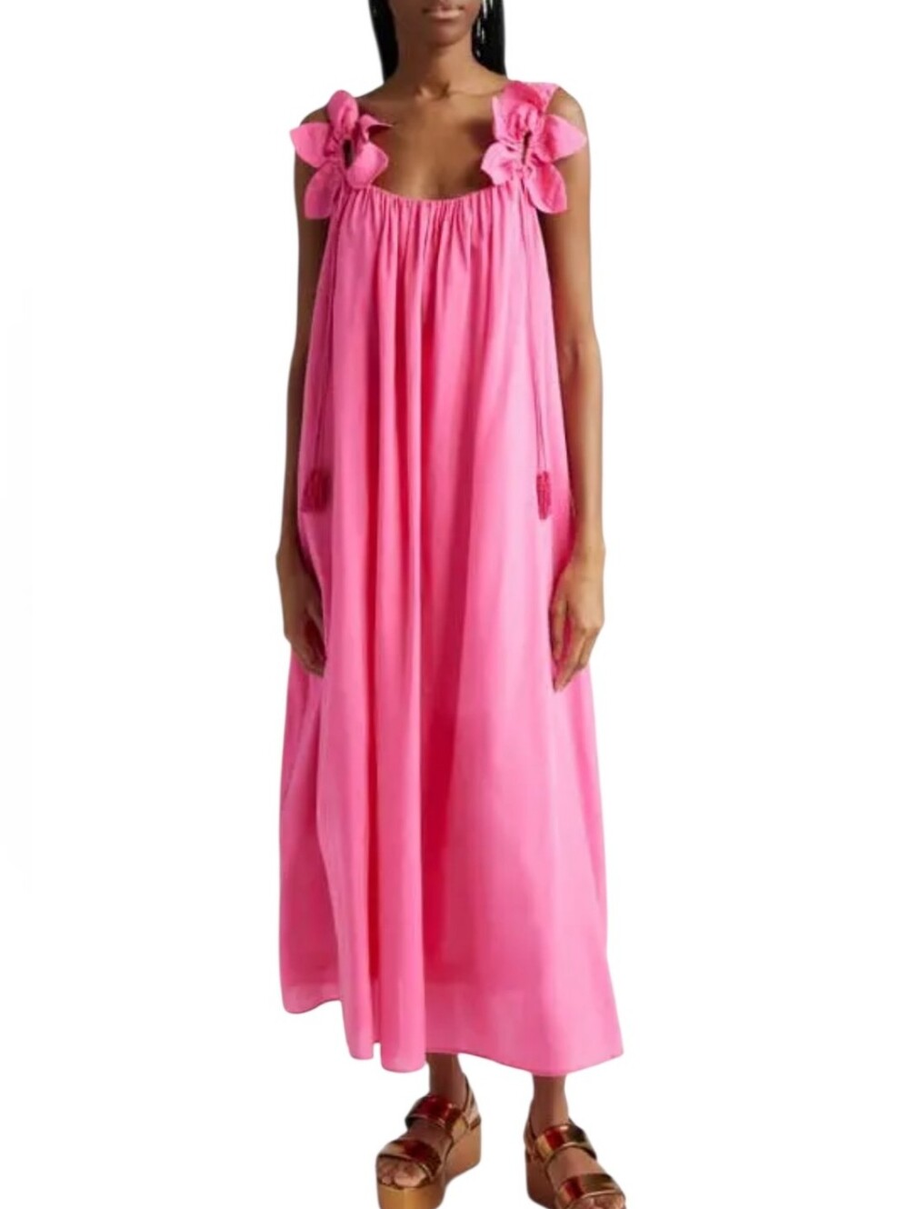Farm Rio Hot Pink Resortwear Tassles Floral Straps Low Back Flowy Maxi Dress